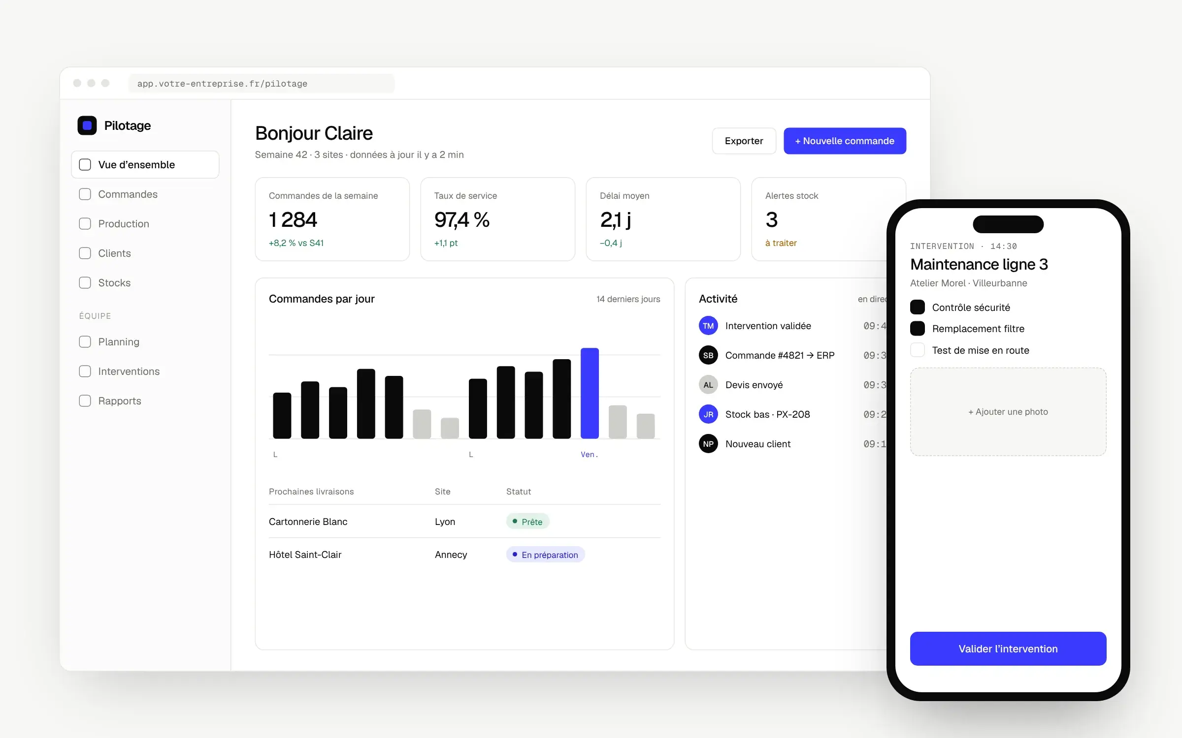 Tableau de pilotage d’une application métier : commandes, taux de service, activité, et application mobile d’intervention