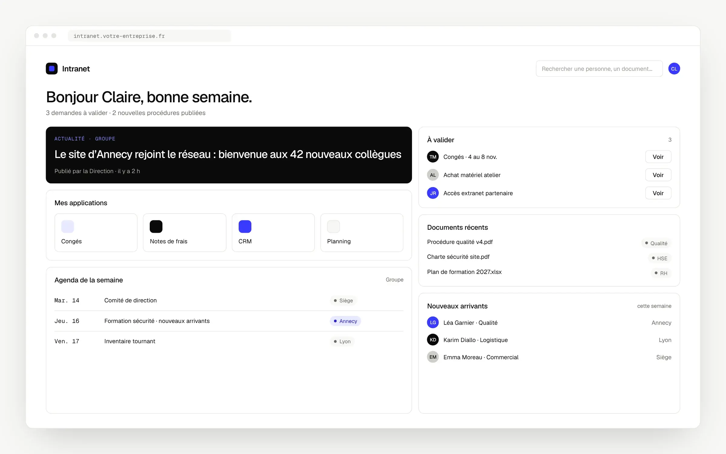 Intranet d’entreprise : actualités, applications, validations en attente et documents récents